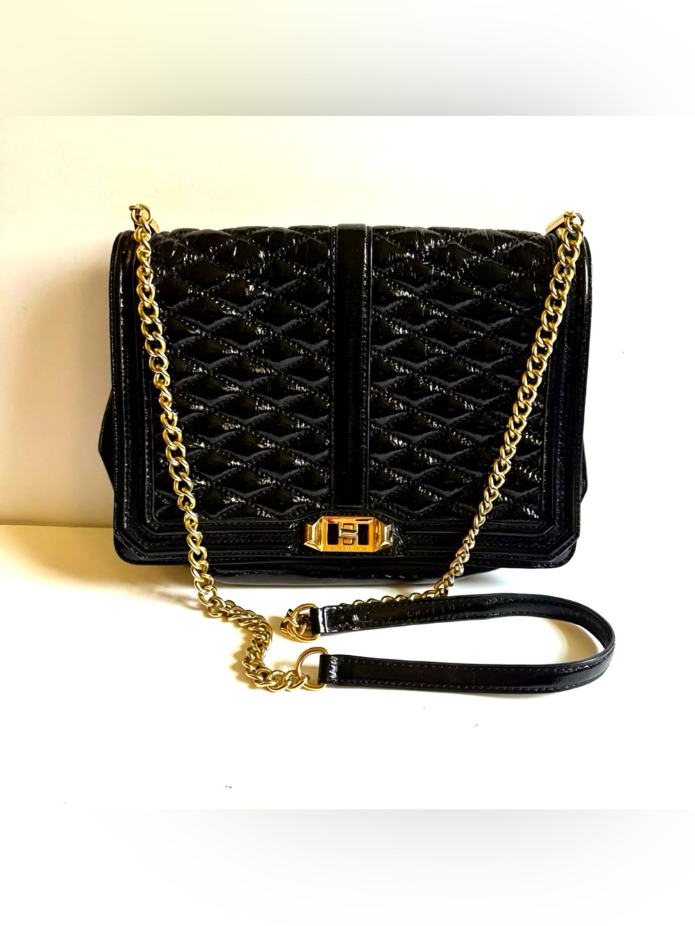 Rebecca Minkoff Love Shoulder Crossbody Purse Black Patent Leather Quilted Bag